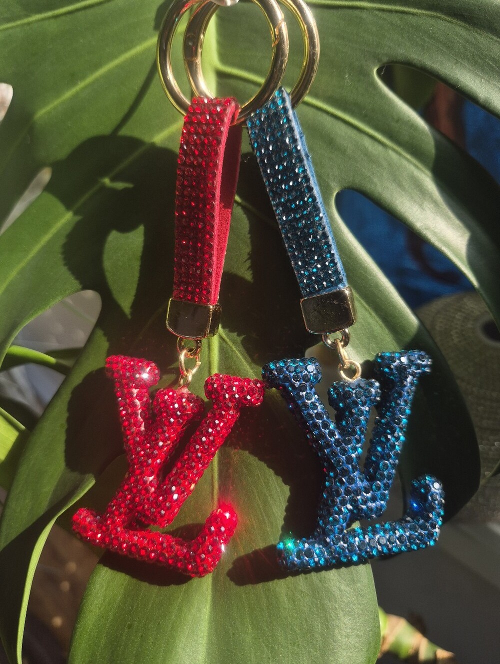 Monogram Crystal Red and Blue Keychain